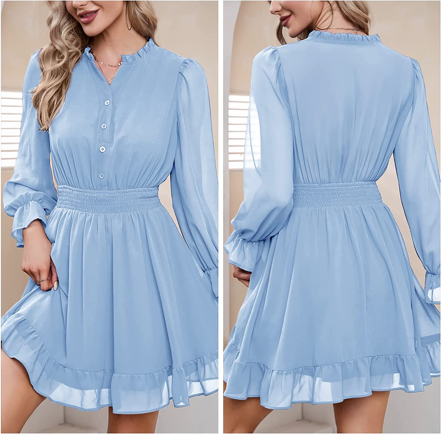 EXLURA Womens Button Down V Neck Dress Long Puff Sleeve Mini Party Dress Ruffle A-Line Cocktail Dresses - Image 2